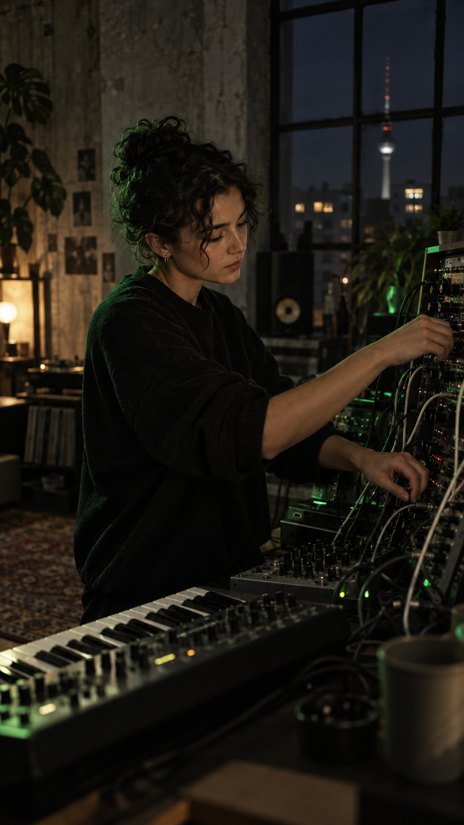 Producer patching a modular synth in a Berlin loft at night