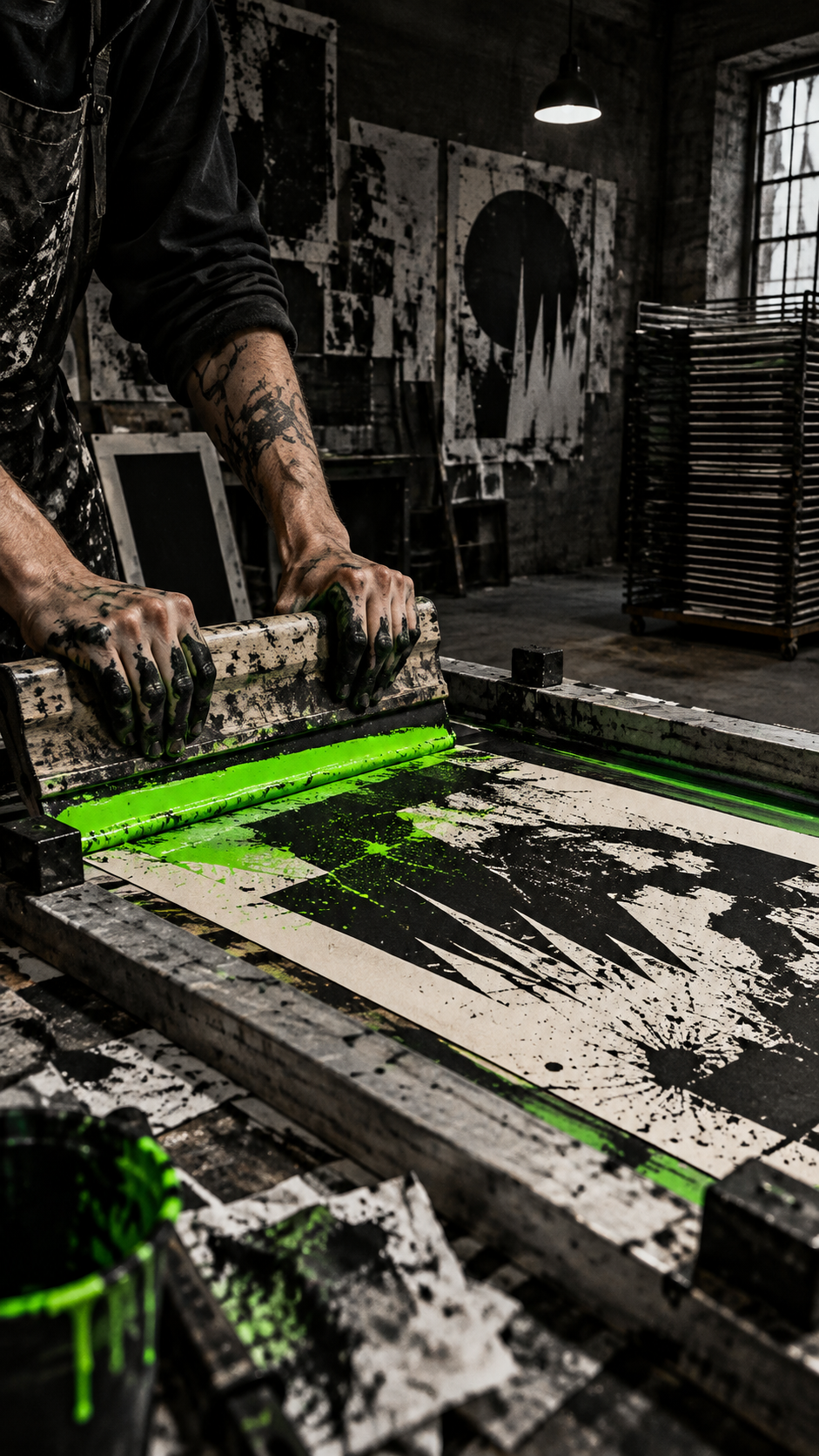 Screen printer pulling neon green ink in a Berlin workshop