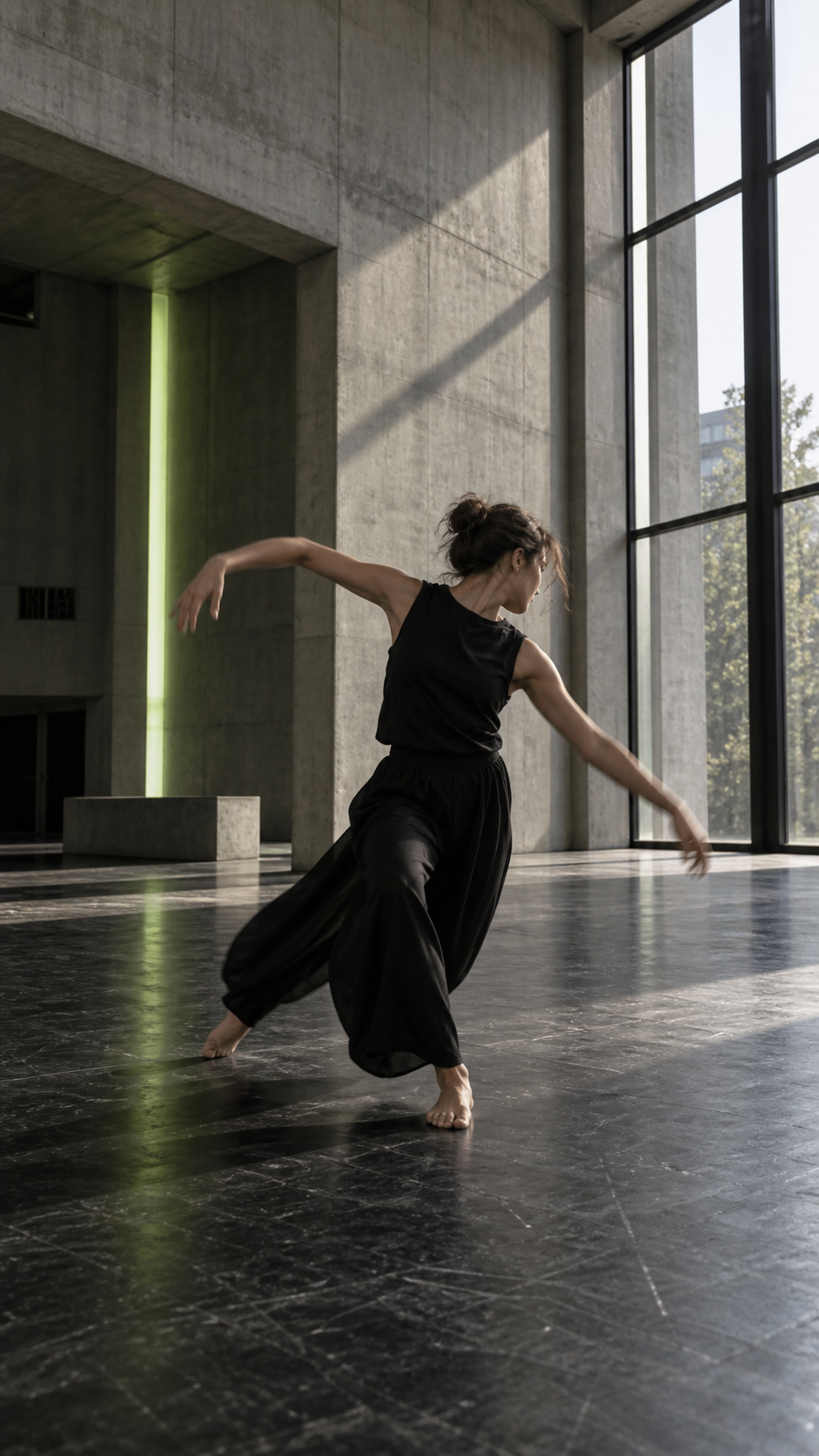 Dancer moving in a concrete Berlin performance hall