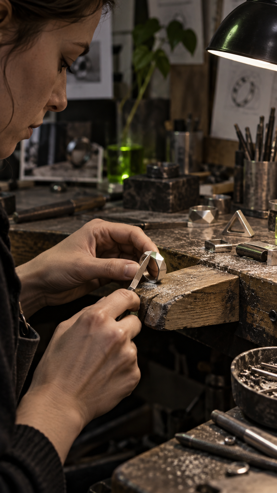 Jeweller filing a silver ring at a workbench in a Berlin studio