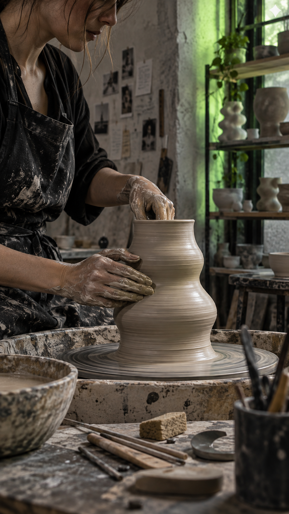 Ceramicist shaping a vase on the wheel in a Berlin studio