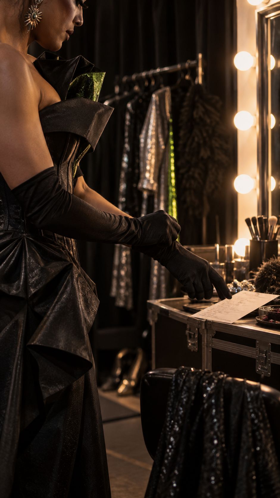 Performer getting ready backstage in front of a lit mirror