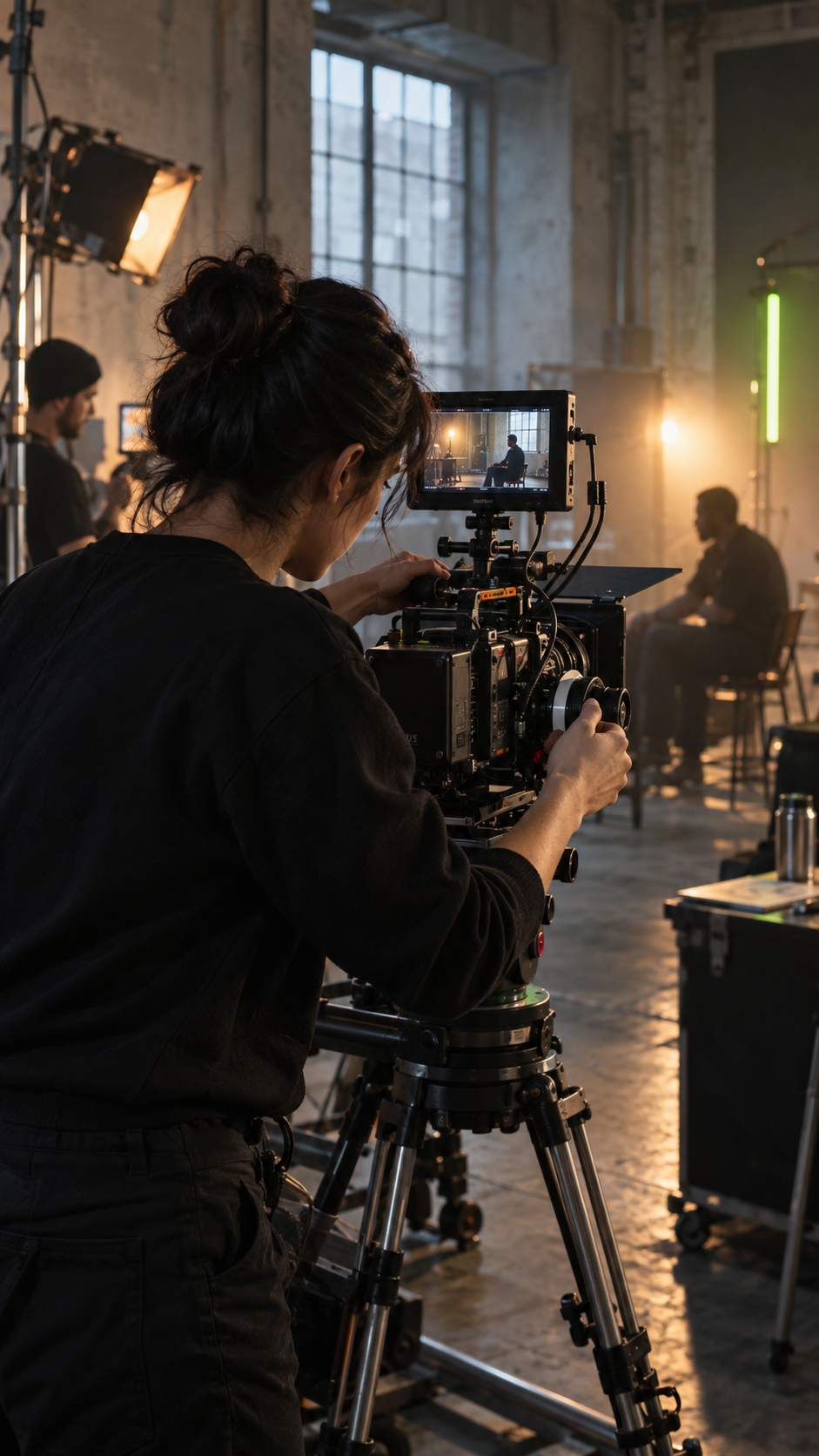 Camera operator filming on a set in a Berlin industrial space