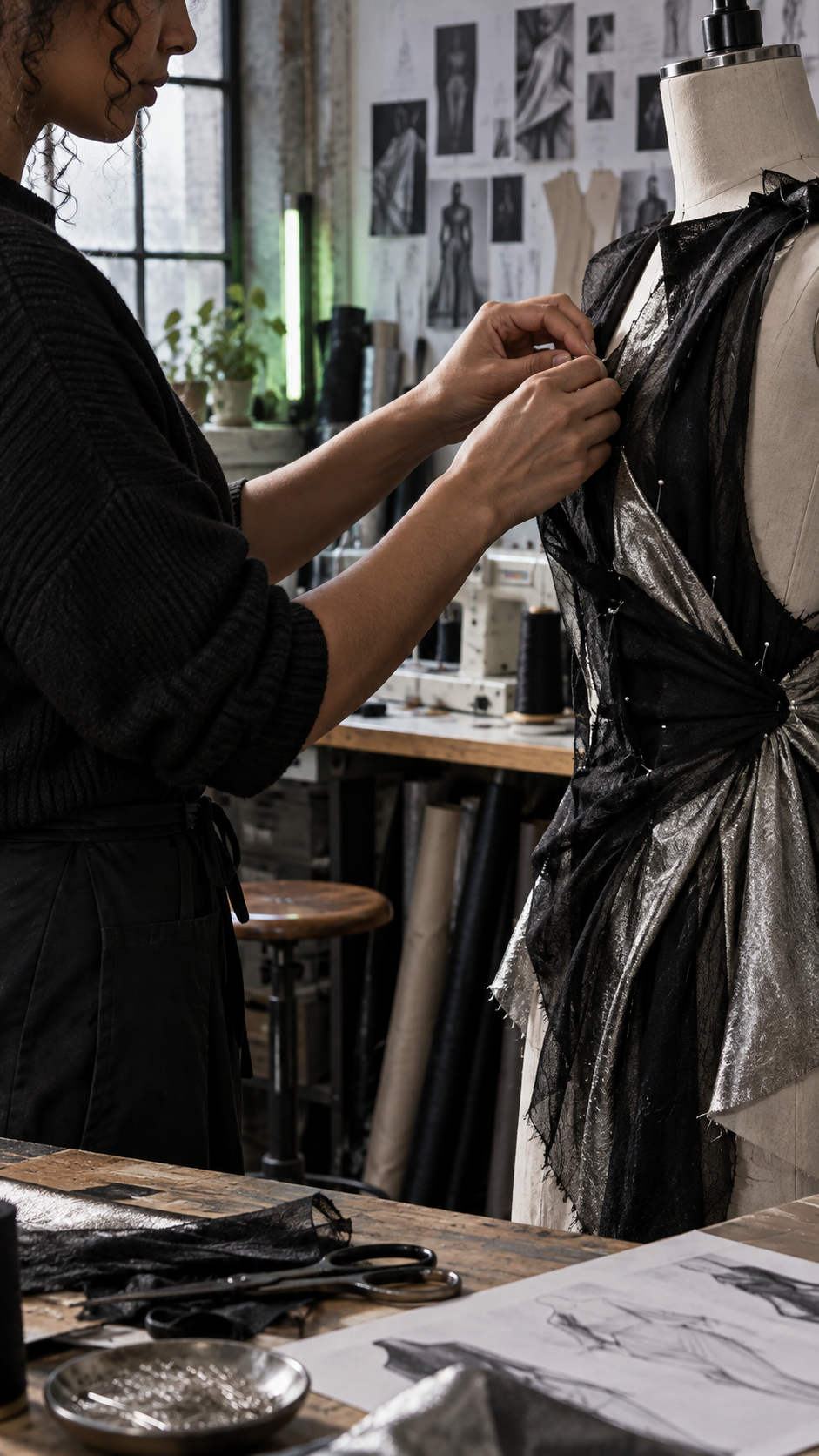 Designer pinning fabric on a mannequin in a Berlin atelier